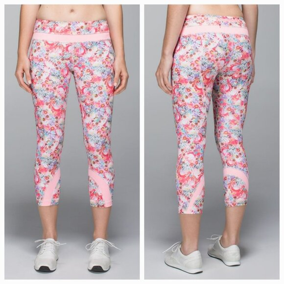 Lululemon Run Inspire Crop II All Luxtreme Flowabunga Mini Multi Coral Pink Sz 8 - Picture 1 of 16